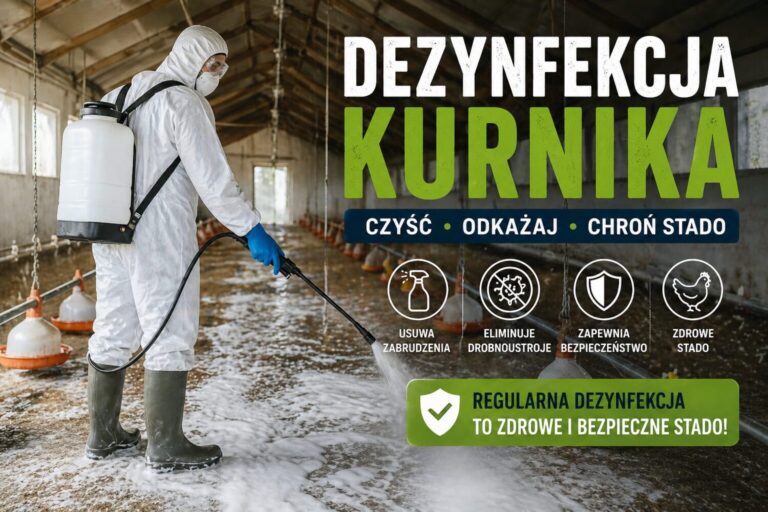 Dezynfekcja kurnika – oprysk pustego kurnika przez pracownika w kombinezonie ochronnym