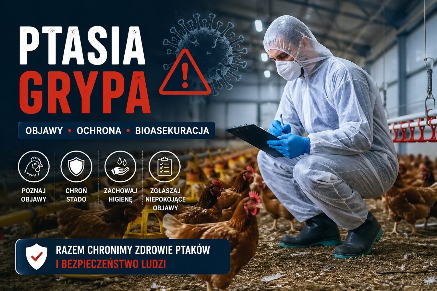 Ptasia grypa – hodowca w kombinezonie ochronnym kontroluje kury w kurniku