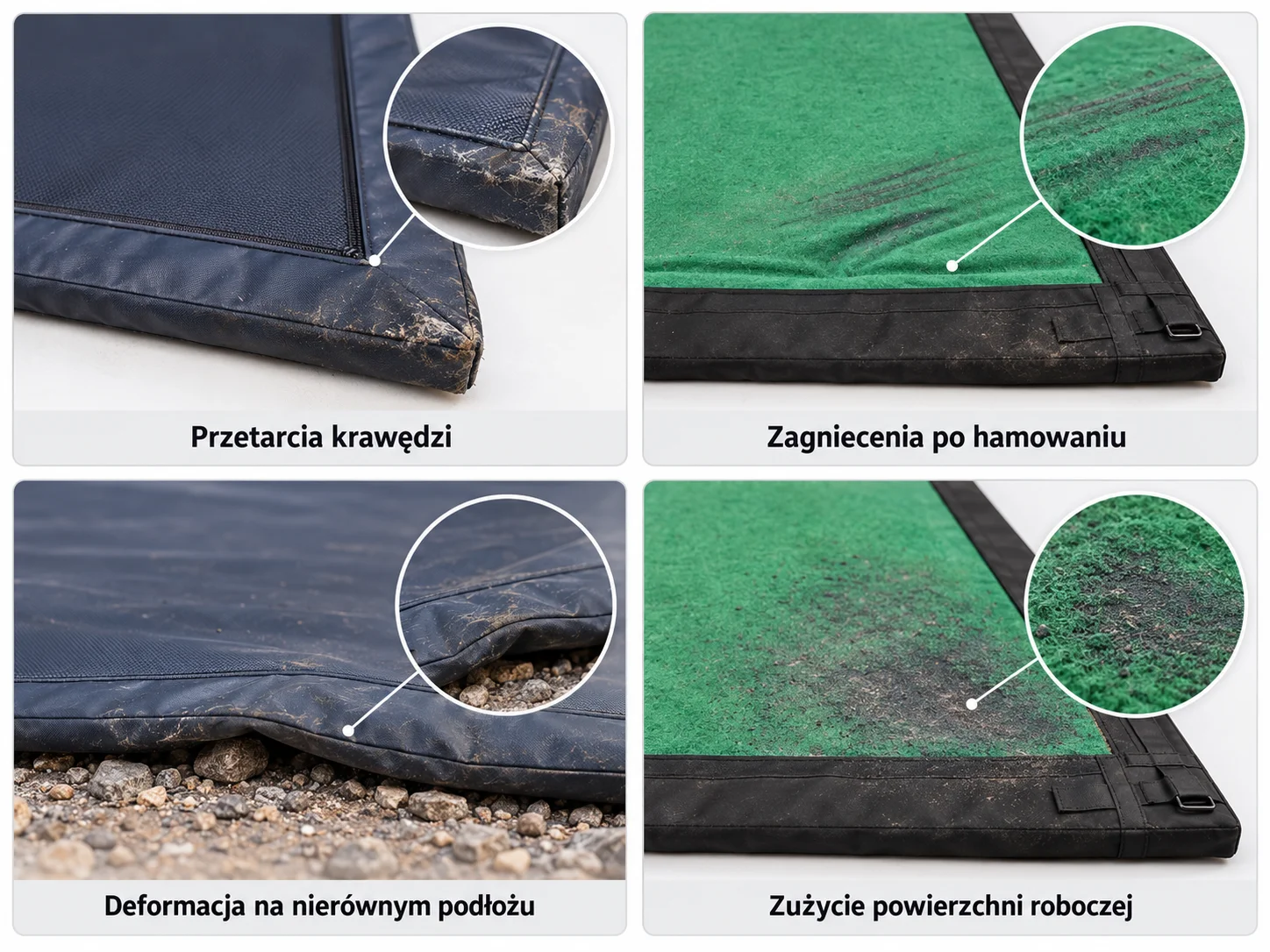 Ilustracja możliwych uszkodzeń mat przejazdowych MATSPOL: przetarcia krawędzi, zagniecenia, deformacje na nierównym podłożu i zużycie powierzchni.